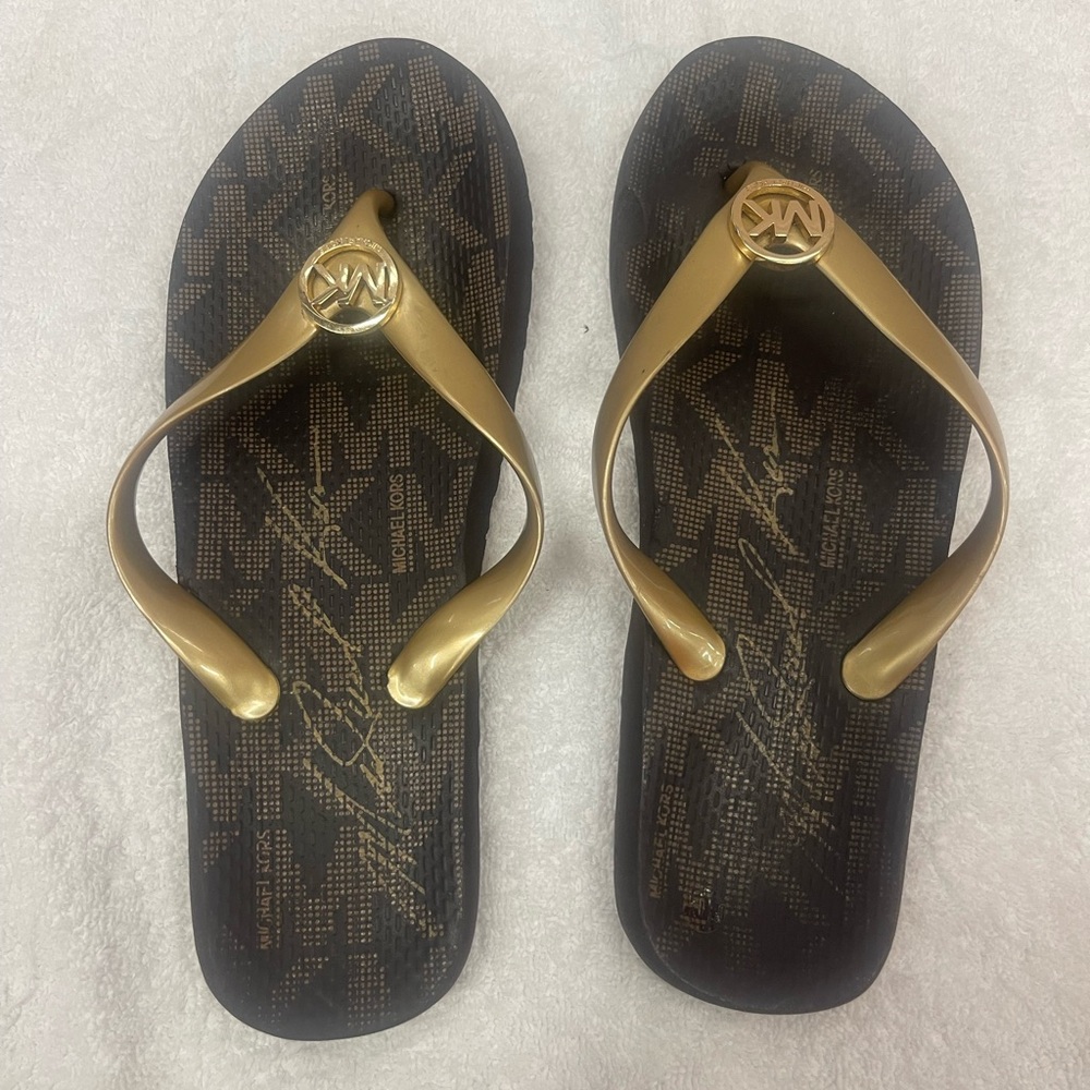 Michael Kors Gold and Brown Flip Flops